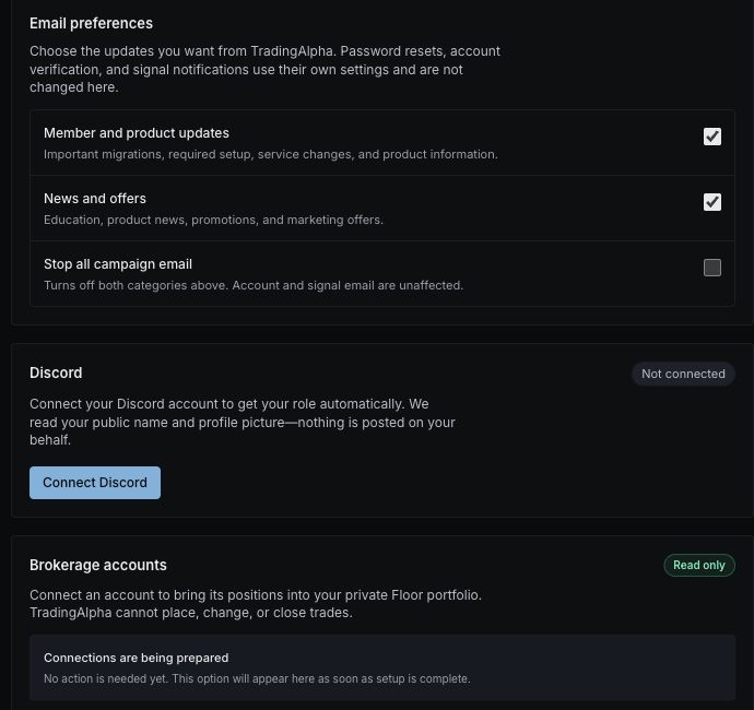 Account preferences and connection settings, with identity fields excluded