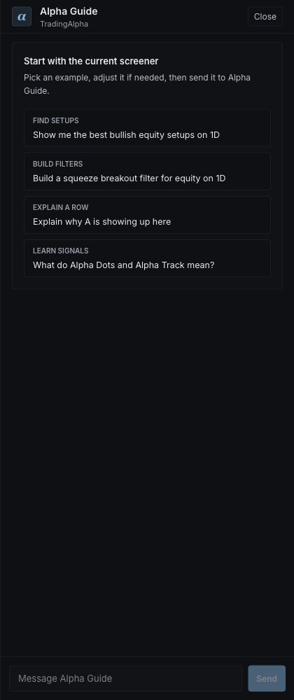 Alpha Guide side panel with example prompts and its message field