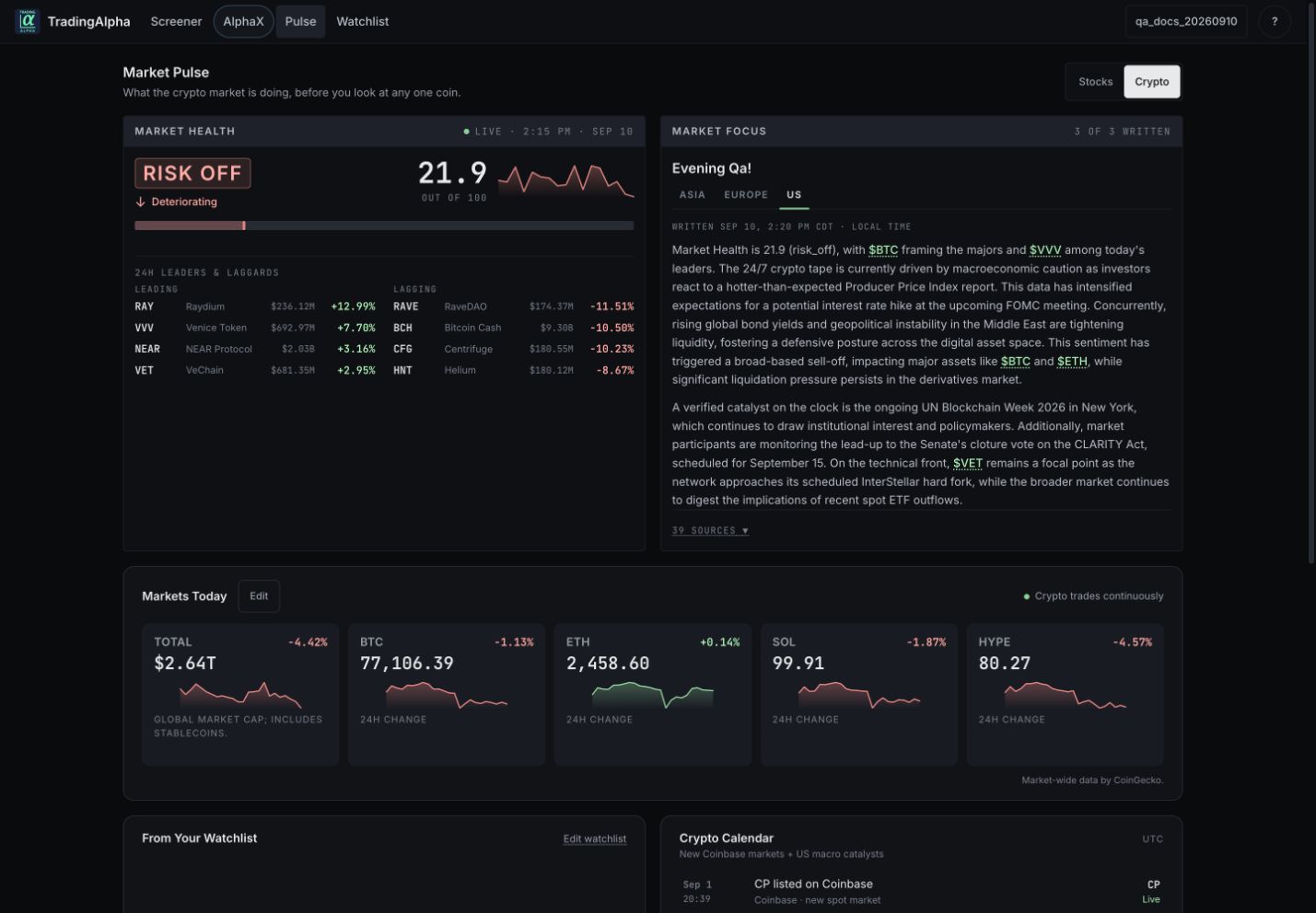 Crypto Market Pulse showing market conditions and crypto market tiles