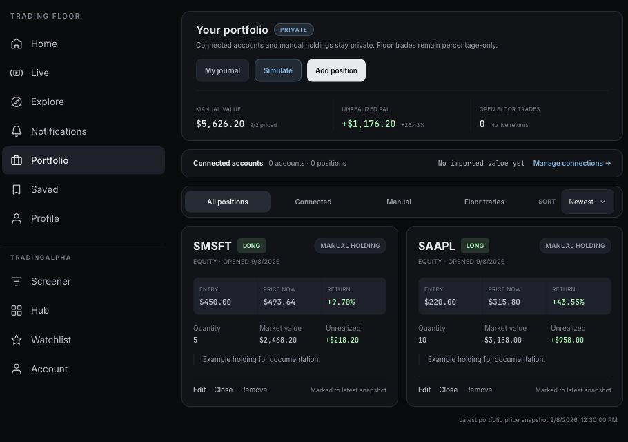Private portfolio with sample manual holdings